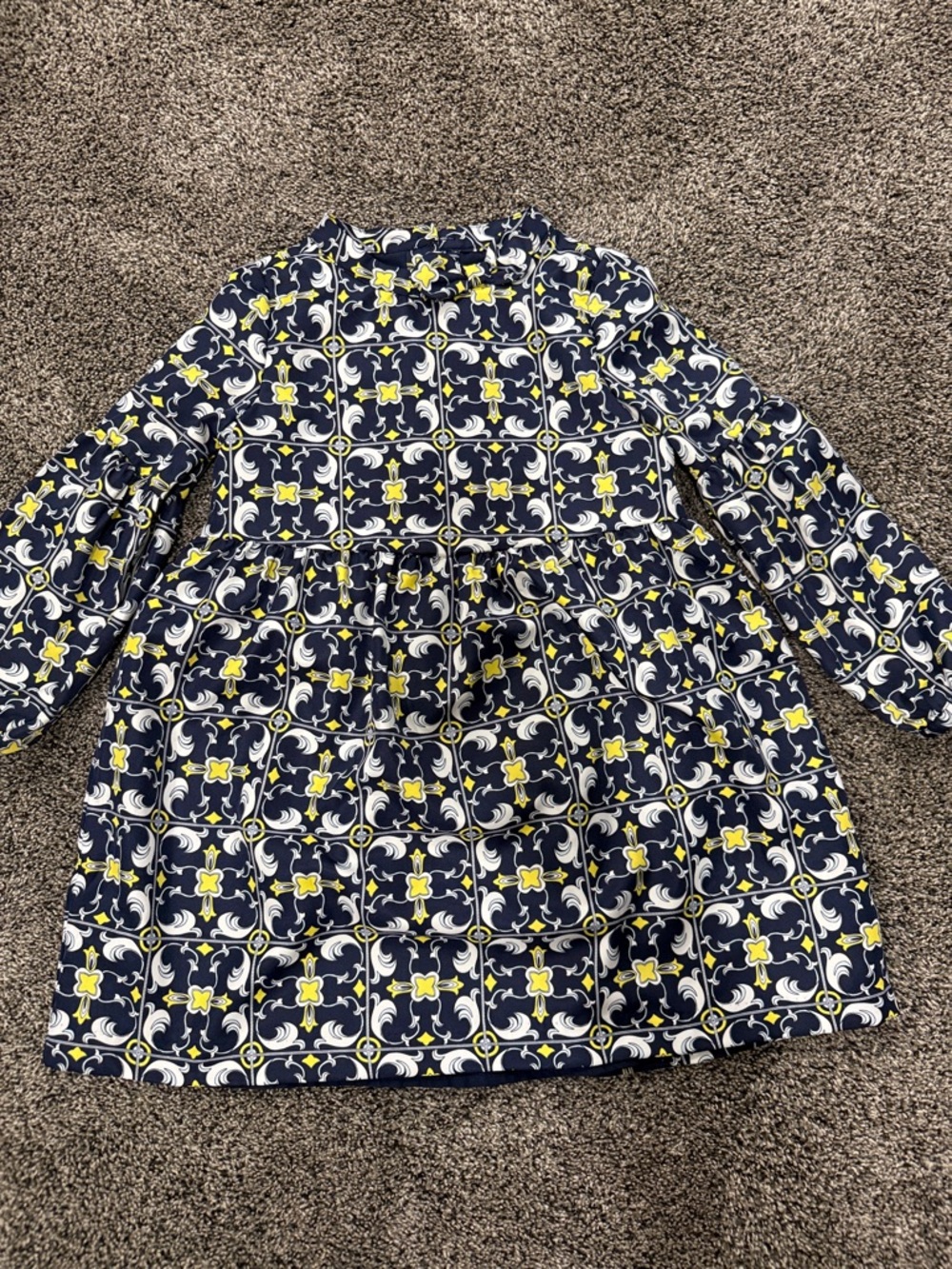 Girls Janie and Jack Navy, White & Yellow Tile-Print Long-Sleeve Dress